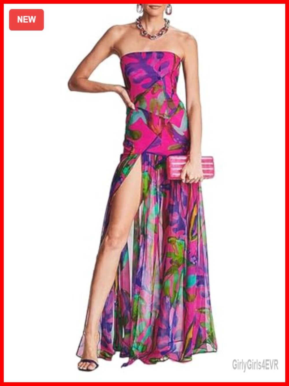 Women Strapless Maxi Dress Mesh Patchwork High Slit Party Clubwear